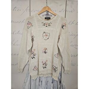 Vintage Celina Yang Designs 2X Floral Embroidered Pearl Knit Sweater Cream